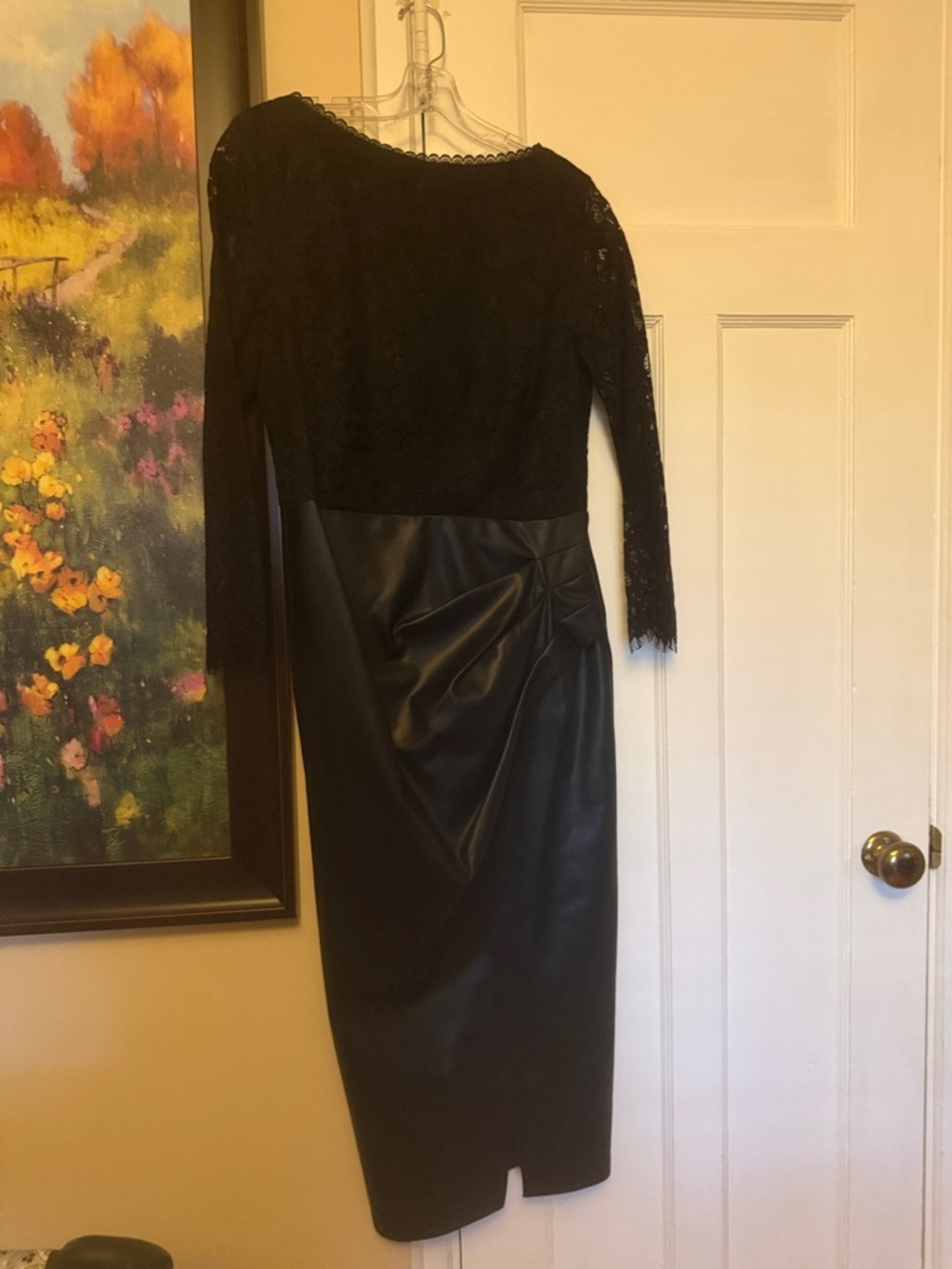Shoshanna Black Lace & Faux Leather Long Sleeve Midi Dress